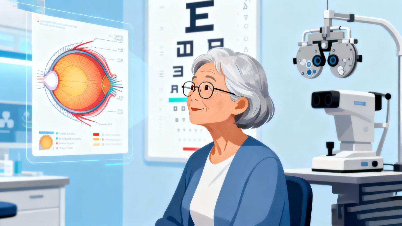jimeng-2025-11-04-3287-现代医疗插画风格,一个温馨的老年人眼部健康主题插画,画面中央是一位慈祥的亚洲老年....png