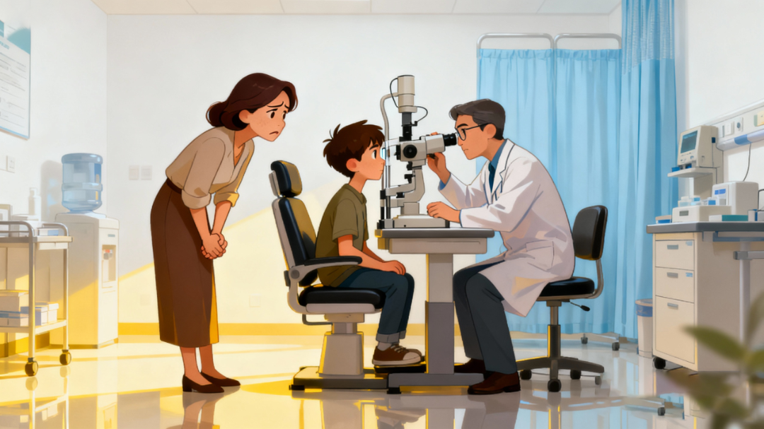 jimeng-2025-11-12-3850-温馨写实的插画风格，眼科医院的检查场景，小伟坐在检查椅上，医生正在用专业设备检查....png