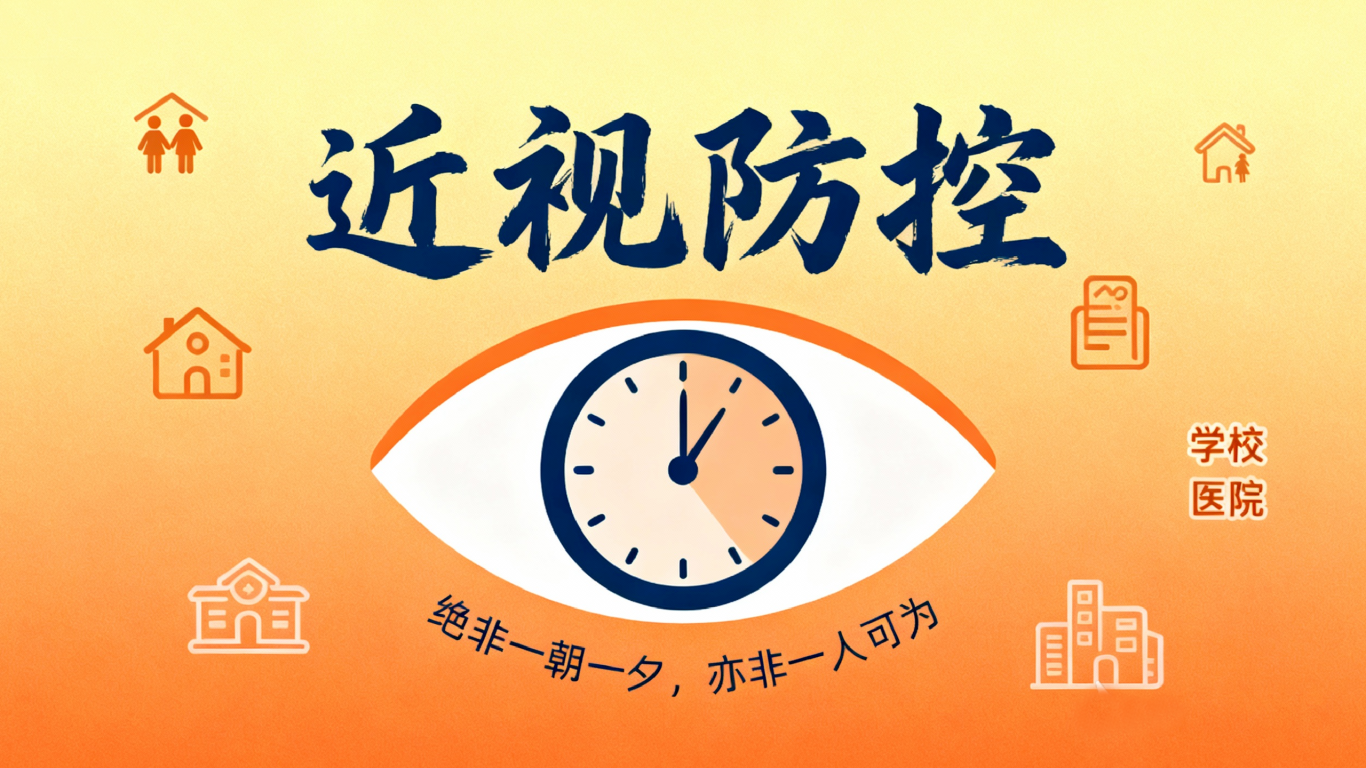 jimeng-2025-11-03-9011-现代简约设计风格,近视防控主题的宣传海报,采用温暖的橙黄色渐变背景,画面中心是一....png
